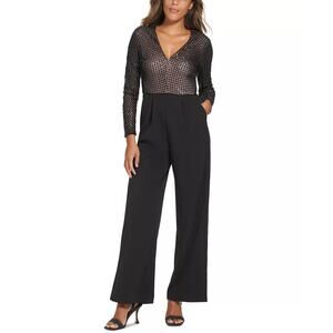 Calvin Klein Womens 10 Black Sequin Jumpsuit Long Sleeve Pleated Wide Leg OS4-10